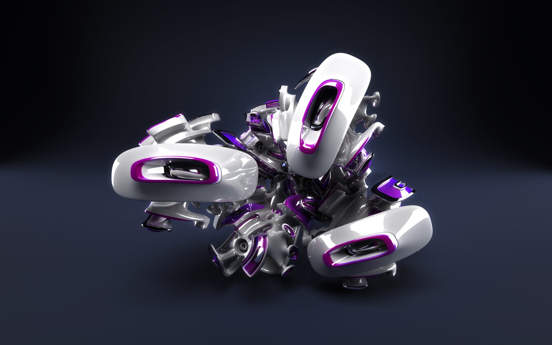 Abstract, artistic purple and silver shapes form a weird, futuristic cluster on a dark background, designed as an HD PC desktop wallpaper and background.