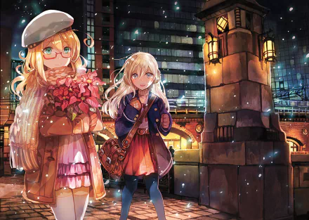 HD PC desktop wallpaper/background of Kantai Collection anime: I-8 and U-511 stand on a snowy city bridge at night, lanterns aglow; one holds poinsettias, both in winter coats.