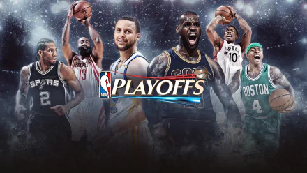 HD desktop wallpaper featuring NBA superstars and the Playoffs logo against a dynamic, cosmic background.
