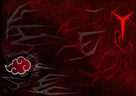 HD anime desktop wallpaper featuring black and red tones with Naruto-themed Akatsuki cloud and shuriken designs.
