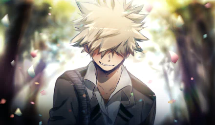 HD desktop wallpaper of Katsuki Bakugou from My Hero Academia, featuring him in a forest setting with a confident smile, surrounded by vibrant, colorful petals.