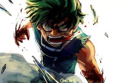 HD desktop wallpaper featuring Izuku Midoriya from the anime My Hero Academia, showcasing a dynamic and intense scene.