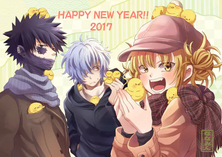 An HD desktop wallpaper featuring Tomura Shigaraki, Dabi, and Himiko Toga from My Hero Academia. They are surrounded by small yellow chicks with a Happy New Year 2017 message in the background.