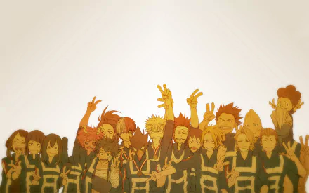 Anime characters from My Hero Academia, including Mina Ashido, Kyōka Jirō, Eijiro Kirishima, and others, are gathered together wearing their hero costumes. The artwork is in HD, making a vibrant wallpaper.