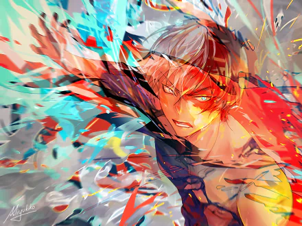 HD desktop wallpaper of Shoto Todoroki from Anime My Hero Academia, featuring his intense gaze and dual fire and ice powers with vivid, dynamic colors.