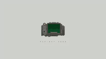 Minimal HD PC desktop wallpaper of a centered Pip-Boy from Fallout with green screen and retro tech interface on a light gray background, minimalist video game aesthetic.
