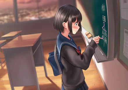 classroom black hair short hair Anime Original HD Desktop Wallpaper | Background Image