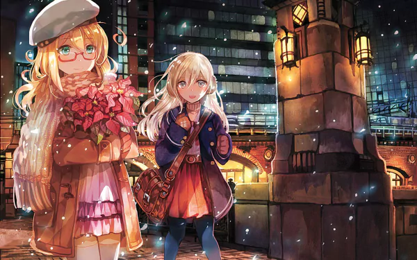HD PC desktop wallpaper/background of Kantai Collection anime: I-8 and U-511 stand on a snowy city bridge at night, lanterns aglow; one holds poinsettias, both in winter coats.