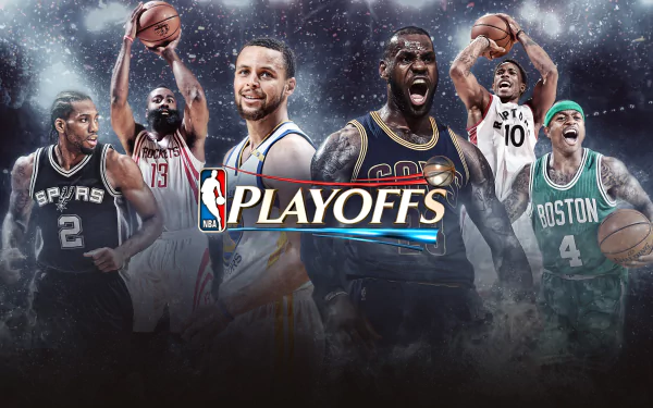 HD desktop wallpaper featuring NBA superstars and the Playoffs logo against a dynamic, cosmic background.