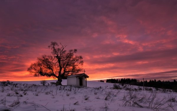Religious Chapel Church Winter Snow Sky Sunset Pink HD Wallpaper | Background Image