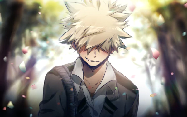 HD desktop wallpaper of Katsuki Bakugou from My Hero Academia, featuring him in a forest setting with a confident smile, surrounded by vibrant, colorful petals.