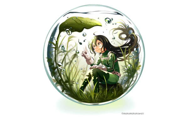 HD desktop wallpaper of Tsuyu Asui from My Hero Academia, depicted in a lush, aquatic environment within a glass orb, surrounded by plants and bubbles.