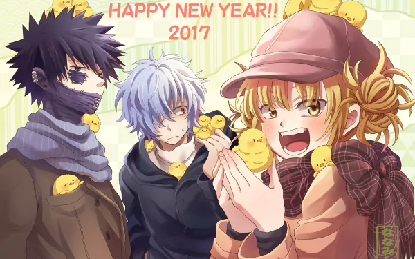 An HD desktop wallpaper featuring Tomura Shigaraki, Dabi, and Himiko Toga from My Hero Academia. They are surrounded by small yellow chicks with a Happy New Year 2017 message in the background.