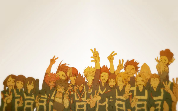Anime characters from My Hero Academia, including Mina Ashido, Kyōka Jirō, Eijiro Kirishima, and others, are gathered together wearing their hero costumes. The artwork is in HD, making a vibrant wallpaper.