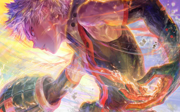 HD desktop wallpaper featuring Katsuki Bakugou from the anime My Hero Academia, showcasing his dynamic and powerful demeanor with vibrant colors.