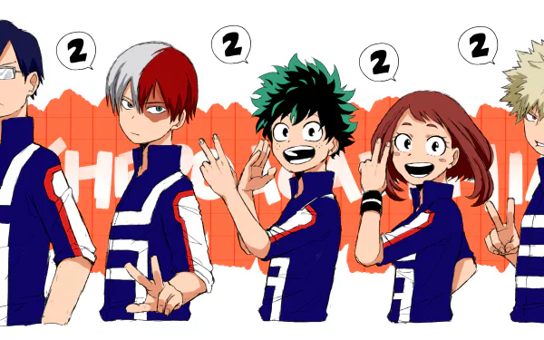 4K Ultra HD My Hero Academia PC wallpaper featuring Katsuki Bakugou, Ochaco Uraraka, Izuku Midoriya, Shoto Todoroki, and Tenya Iida in their hero training uniforms.