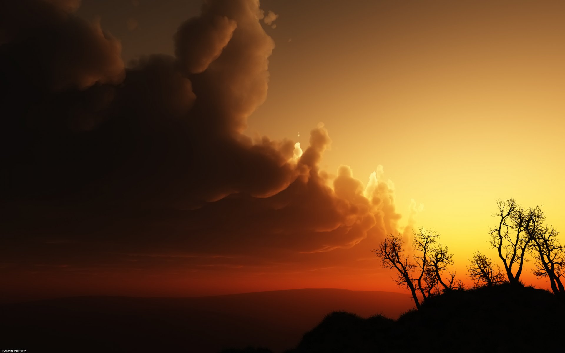 A stunning HD desktop wallpaper featuring a vibrant sunset, silhouetted trees against a dramatic sky, and soft clouds, capturing the beauty of nature.