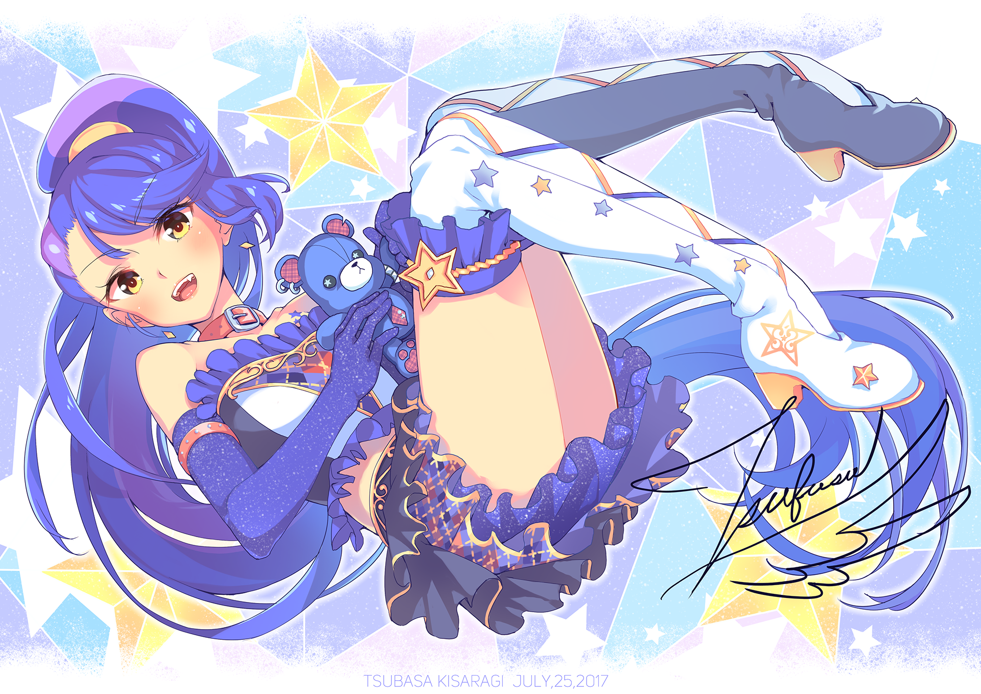 HD anime desktop wallpaper featuring Tsubasa Kisaragi from Aikatsu!, with vibrant purple tones, star motifs, and a playful pose holding a blue stuffed bear.