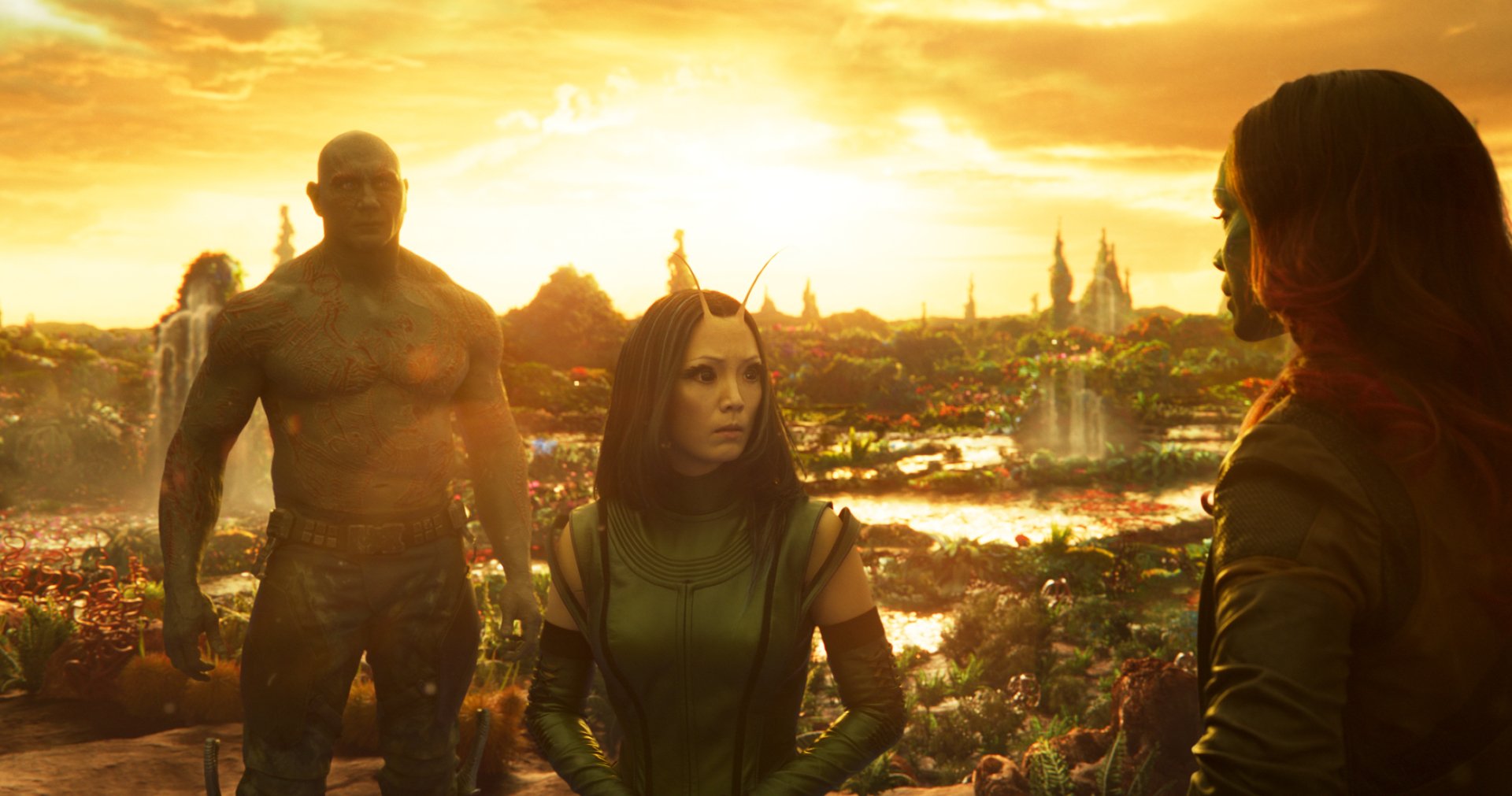 HD desktop wallpaper featuring Gamora, Mantis, and Drax the Destroyer from Guardians of the Galaxy Vol. 2, portrayed by Zoe Saldana, Pom Klementieff, and Dave Bautista.