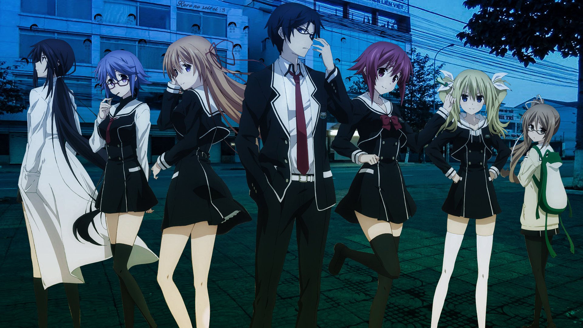 HD PC desktop wallpaper featuring Mio Kunosato, Uki Yamazoe, Hana Kazuki, Serika Onoe, Takuru Miyashiro, Hinae Arimura, and Kurusu Nono from the anime ChaoS;Child.