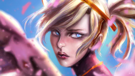 Close-up of Mercy from Overwatch with striking blue eyes and blonde hair, depicted in vibrant 4K Ultra HD detail for a PC desktop background.