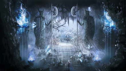 HD wallpaper featuring an underground fantasy cave with statues, crystals, and a magical fire. A white-haired woman warrior stands before a mystical scene.