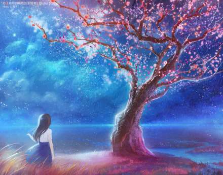 HD anime desktop wallpaper featuring a dreamy landscape from Blue Blood Lagoon, with a girl gazing at a glowing tree against a starry night sky.