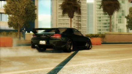 HD PC desktop wallpaper from Need for Speed: Undercover showing a black sports car drifting on a sunlit urban street lined with palm trees and glass high-rises.
