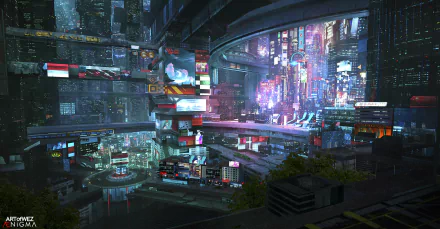 HD desktop wallpaper showcasing a vibrant cyberpunk cityscape with neon signs and futuristic architecture, creating a captivating sci-fi ambiance.