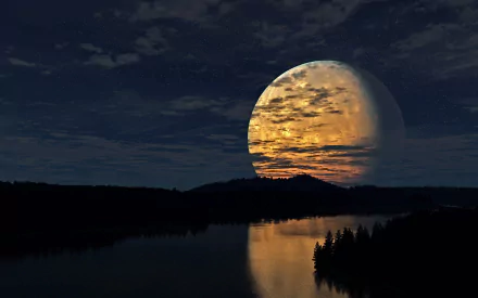 A stunning HD sci-fi wallpaper showcasing a massive planet rising or setting over a tranquil, darkened landscape with water and silhouetted trees in the foreground.