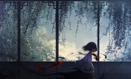 HD anime original desktop wallpaper showing a silhouette of a person standing by large windows with hanging vines and a misty forest outside.