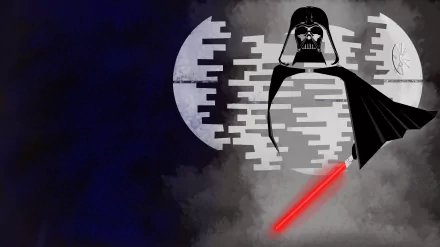 Minimalist 4K Ultra HD Star Wars wallpaper featuring Darth Vader with a red lightsaber in front of a stylized Death Star on a dark blue and black background.