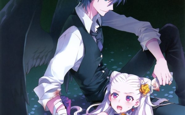 Anime Original Long Hair Short Hair Fangs Vampire Wings Black Hair Glove Flower Tie Smile Blue Eyes White Hair Purple Eyes Earrings Bandage HD Wallpaper | Background Image