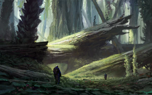 HD PC wallpaper showing a sci-fi astronaut exploring a dense forest with massive fallen logs illuminated by soft natural light, blending nature and futuristic adventure.