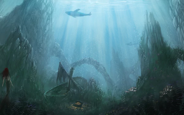 Underwater fantasy scene with a mermaid, a whale swimming near the surface, a sunbeam penetrating the water, and treasure amidst aquatic plants. HD wallpaper and background.