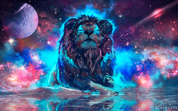 A majestic lion with a cosmic background, featuring vivid colors and a stunning nebula, creating a striking HD desktop wallpaper and background.
