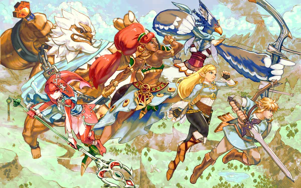 HD desktop wallpaper featuring characters from The Legend of Zelda: Breath of the Wild, including Urbosa, Revali, Daruk, Mipha, Zelda, and Link in a vibrant action scene.