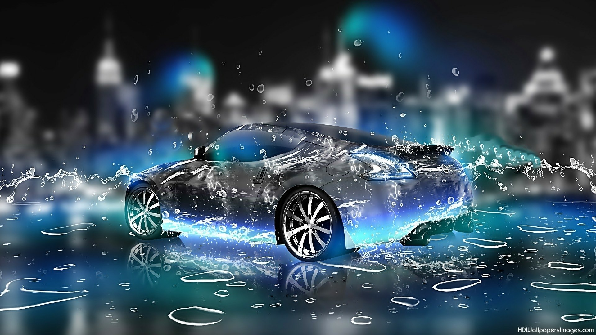 Artistic HD wallpaper featuring a sleek car enveloped in dynamic rain and vibrant lighting effects, set against a blurred urban backdrop.