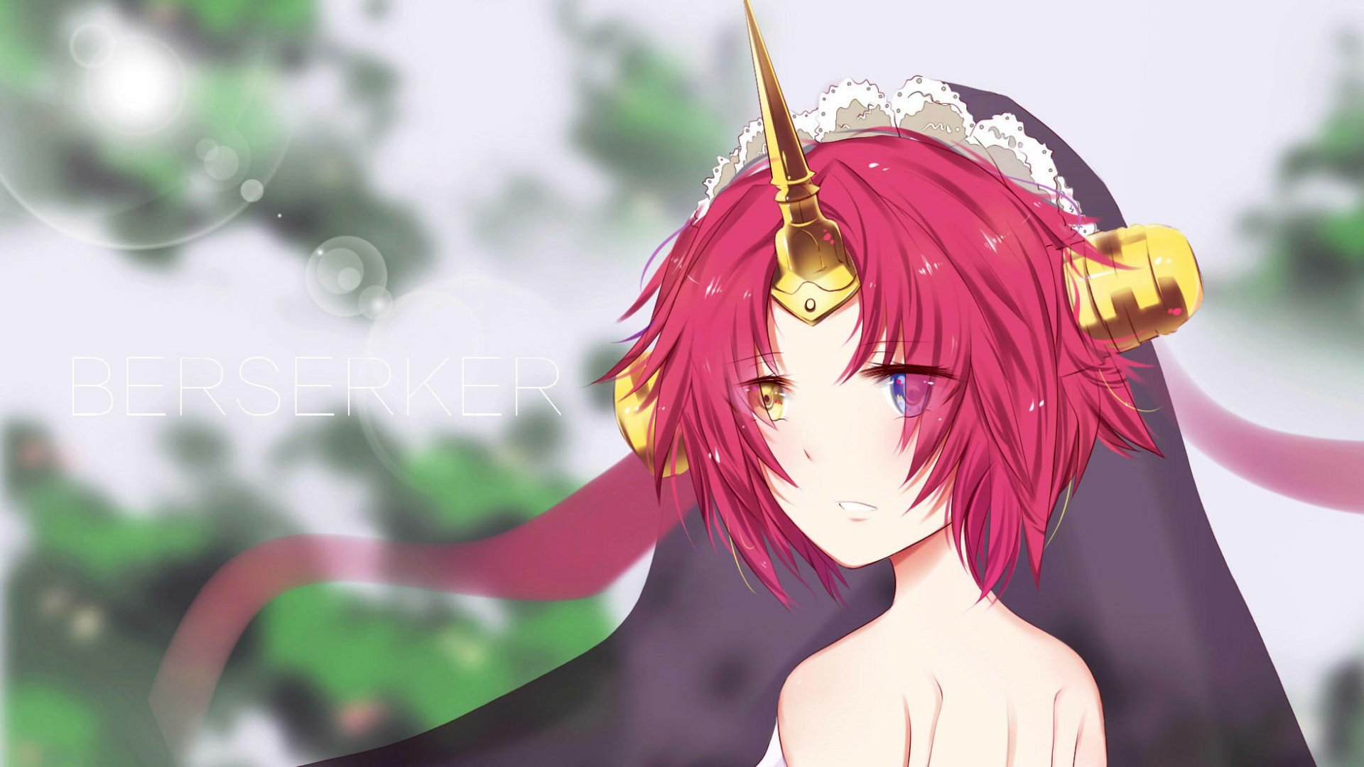 HD PC desktop wallpaper of Berserker of Black (Fate/Apocrypha), anime close-up: red-haired heroine with golden horn and veil, soft bokeh background