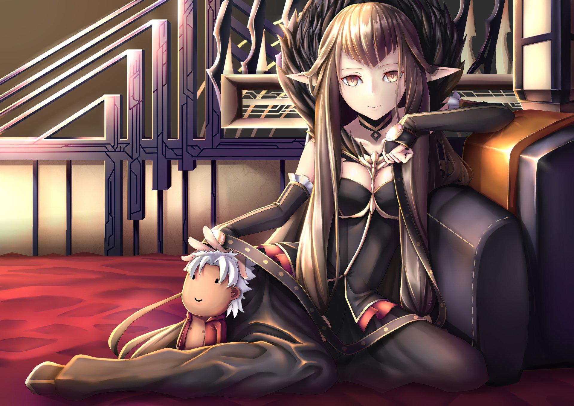 Assassin of Red (Fate/Apocrypha) 2K Quad HD anime desktop wallpaper: long-haired, dark-clad assassin seated on a sofa, gently petting a small plush.