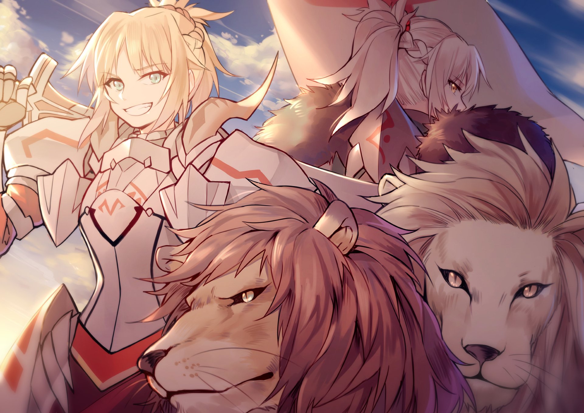 HD desktop wallpaper featuring Mordred, also known as Saber of Red, from the anime Fate/Apocrypha. The vibrant image showcases Mordred in detailed armor with lions in the foreground, set against a vivid sky.