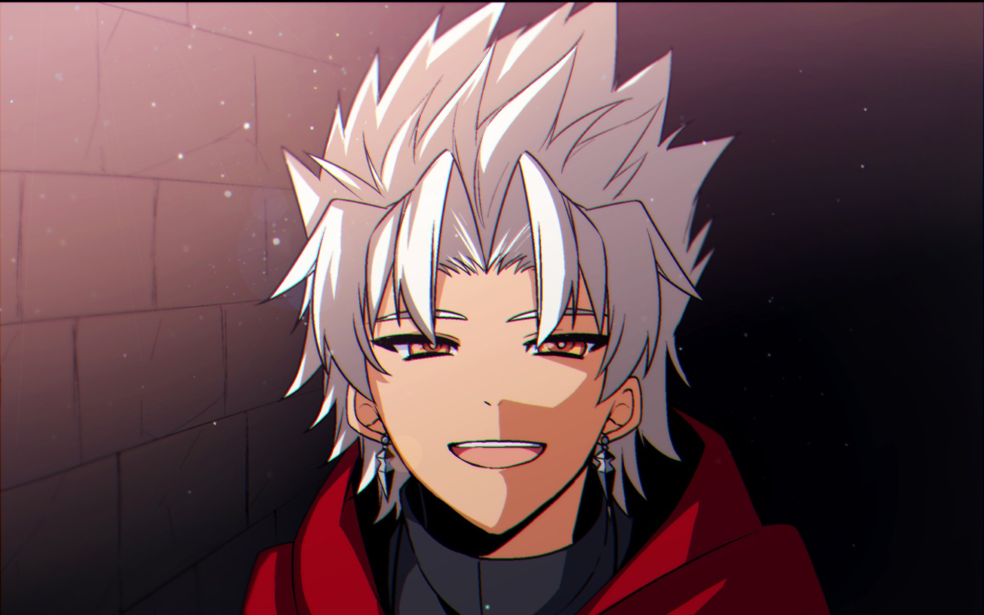 HD anime desktop wallpaper featuring Shirou Kotomine from Fate/Apocrypha with white spiky hair, a confident smile, and a dark, moody background.