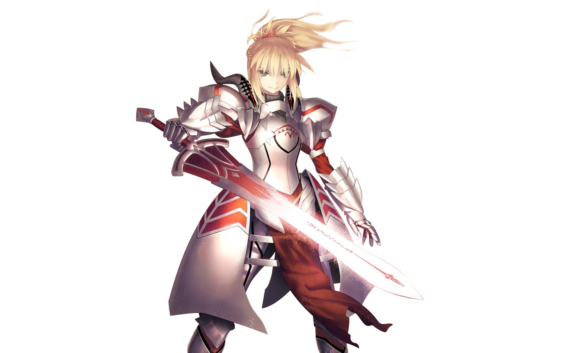 HD PC desktop wallpaper featuring Mordred, Saber of Red from the anime Fate/Apocrypha, depicted in detailed armor wielding a glowing sword.