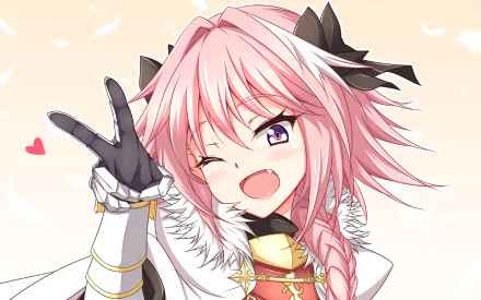 HD PC desktop wallpaper showing Rider of Black (Fate/Apocrypha), a cheerful pink-haired anime Rider winking and flashing a V sign, wearing a white cape and armor on a pastel background.