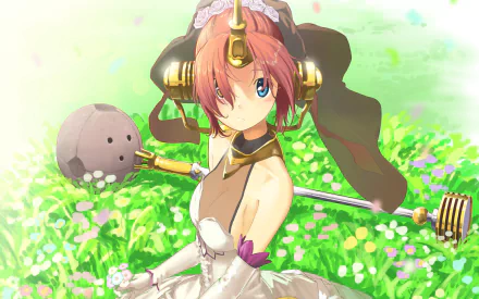 HD PC desktop wallpaper: Berserker of Black (Fate/Apocrypha), pink-haired anime character in a white dress with horned headpiece and large mace, seated in a sunlit green field of flowers.