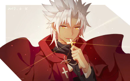 Shirou Kotomine (Fate/Apocrypha) anime portrait: red cloak, holding a glowing golden thread and cross, warm amber eyes and soft backlight — 2K Quad HD PC desktop wallpaper/background.