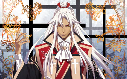 HD PC desktop wallpaper featuring Shirou Kotomine from the anime Fate/Apocrypha, depicted with long white hair, a confident expression, and intricate red and black robes.