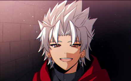 HD anime desktop wallpaper featuring Shirou Kotomine from Fate/Apocrypha with white spiky hair, a confident smile, and a dark, moody background.