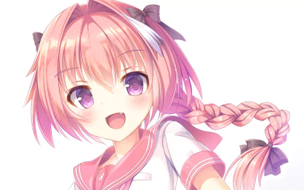 HD anime wallpaper featuring Rider of Black from Fate/Apocrypha with vibrant pink hair and purple eyes, showcasing a cheerful expression in a bright, detailed style.