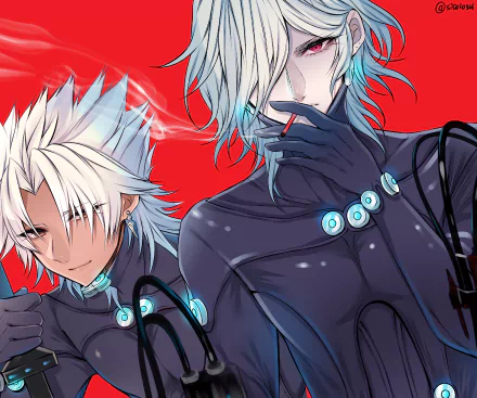 HD PC desktop wallpaper of Shirou Kotomine (Fate/Apocrypha): two pale-haired anime figures in black suits with glowing blue beads, one smoking against a vivid red background.